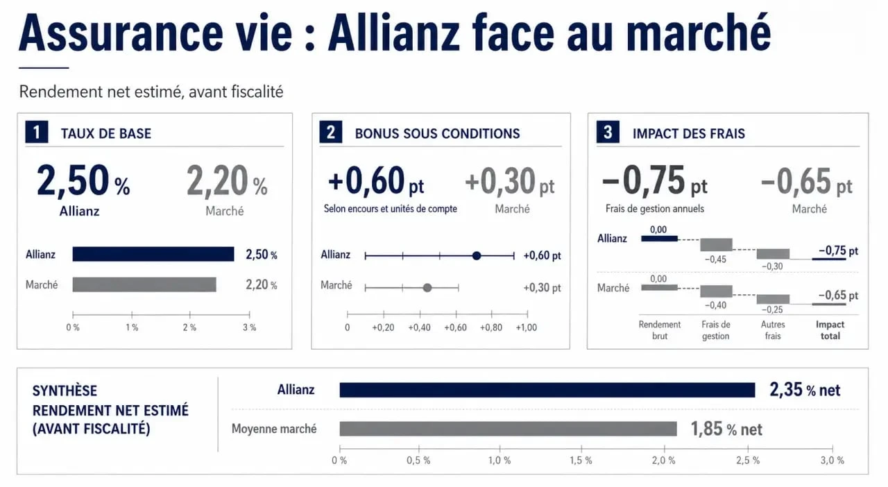 Assurance vie Allianz rendement : comparaison visuelle du taux de base, des bonus et des frais