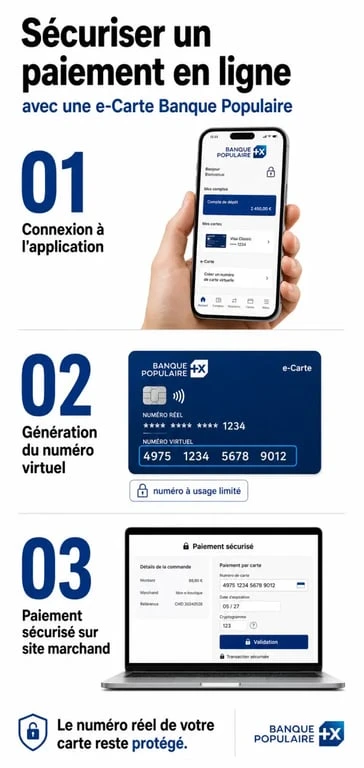 Schéma du fonctionnement de la e-Carte Banque Populaire pour des paiements en ligne sécurisés