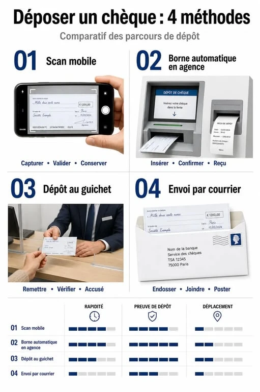 Infographie des méthodes pour déposer un chèque Hello bank : scan, borne, guichet et courrier