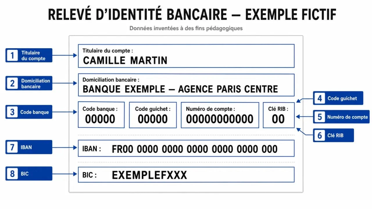 Exemple de rib fictif annoté montrant le titulaire, l’IBAN, le BIC et les codes bancaires