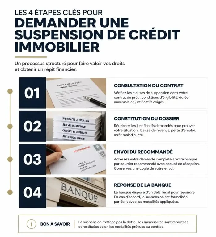 Infographie des étapes pour suspendre son crédit immobilier