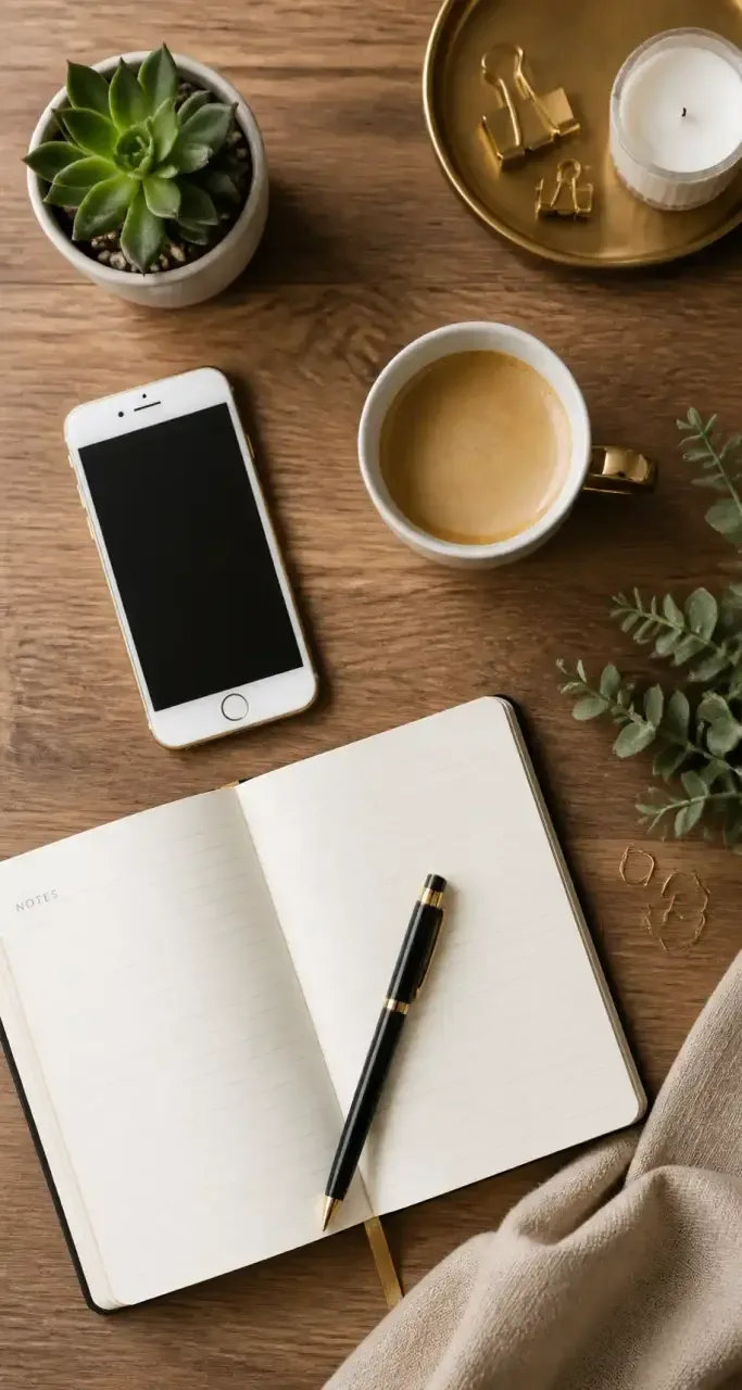 Bureau organisé avec smartphone et documents de finances personnelles