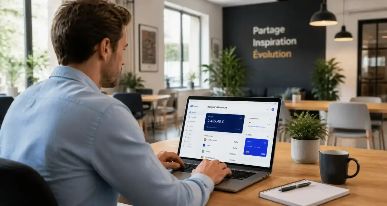 Homme gérant son compte de néobanque depuis un espace de coworking