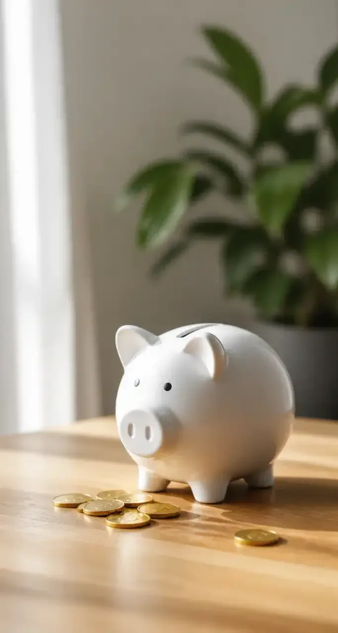 Tirelire et pièces d'épargne posées sur un fond minimaliste