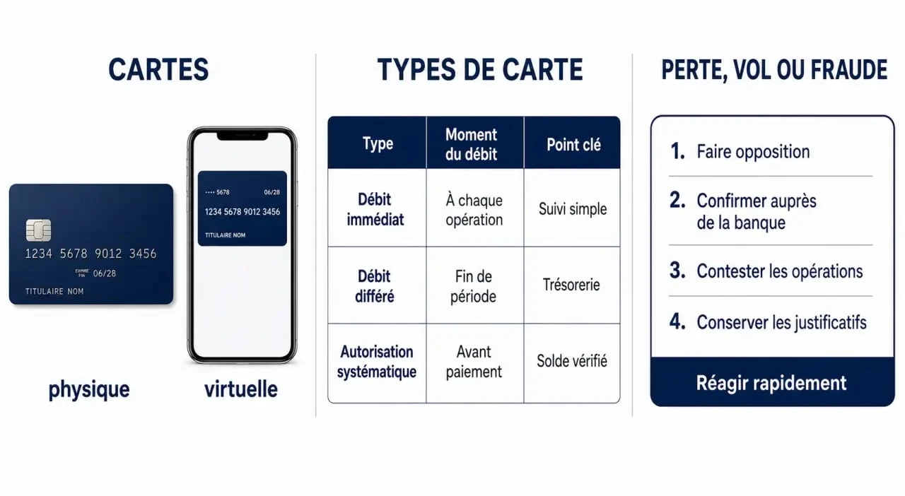 Est ce que carte bancaire : synthèse visuelle des types de cartes, plafonds et réflexes en cas de perte ou de fraude