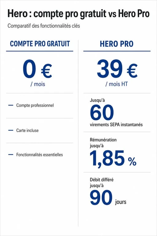 Hero banque avis : comparaison visuelle entre l’offre gratuite et Hero Pro avec tarifs, rémunération et services clés