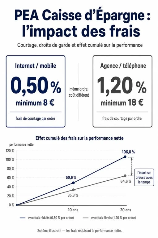PEA Caisse d’Épargne avis : comparatif visuel des frais de courtage, droits de garde et impact sur la performance