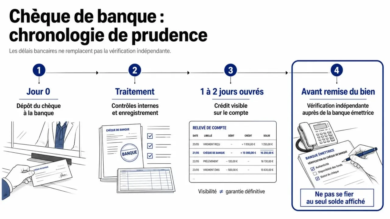 Délai encaisser chèque de banque : chronologie du dépôt, du crédit provisoire et de la vérification
