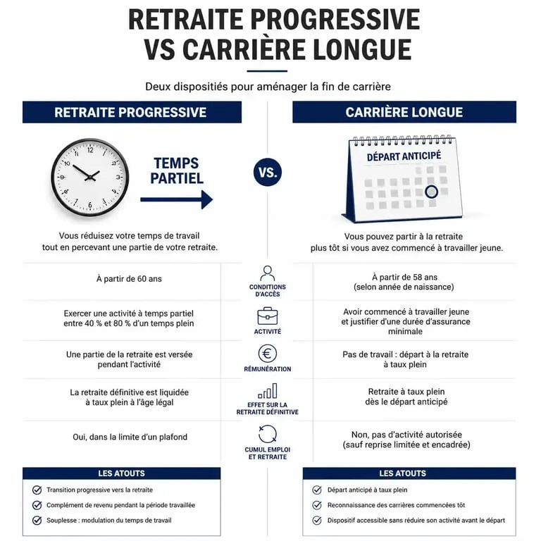 Comparatif retraite progressive et carrière longue : différences entre aménagement de fin de carrière et départ anticipé.