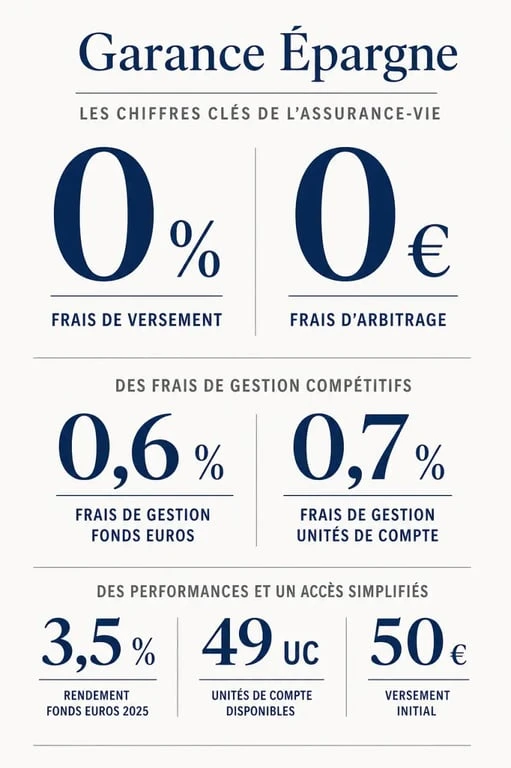 Garance assurance vie avis : synthèse visuelle des frais et du rendement du contrat Garance Épargne