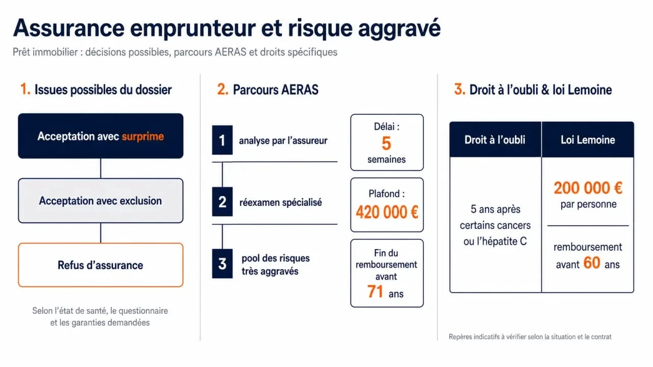 Infographie assurance risque aggravé pret immobilier : AERAS, droit à l’oubli et loi Lemoine avec les seuils clés