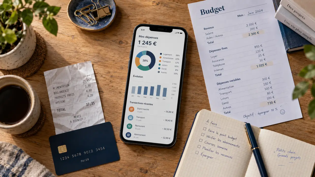 Avis bankin’ : tableau budget sur smartphone, carte et carnet