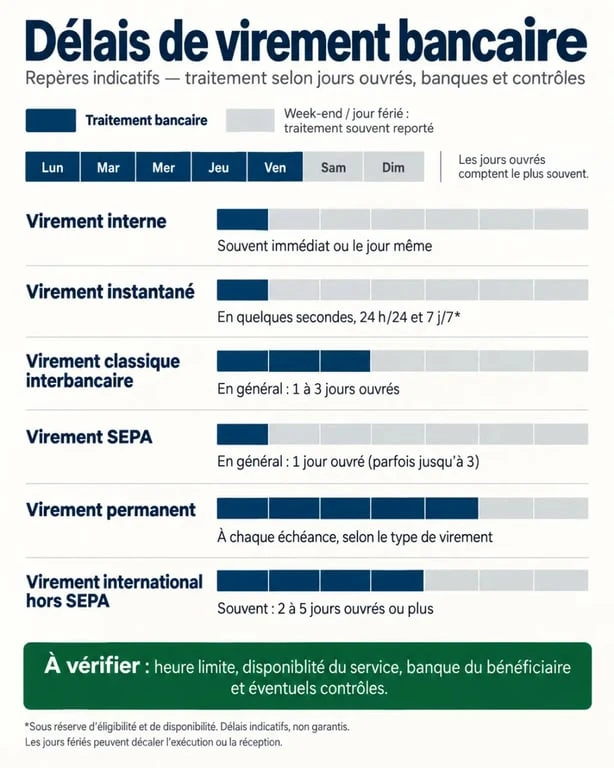 Délais virement bancaire Crédit Agricole selon le type de virement et les jours ouvrés