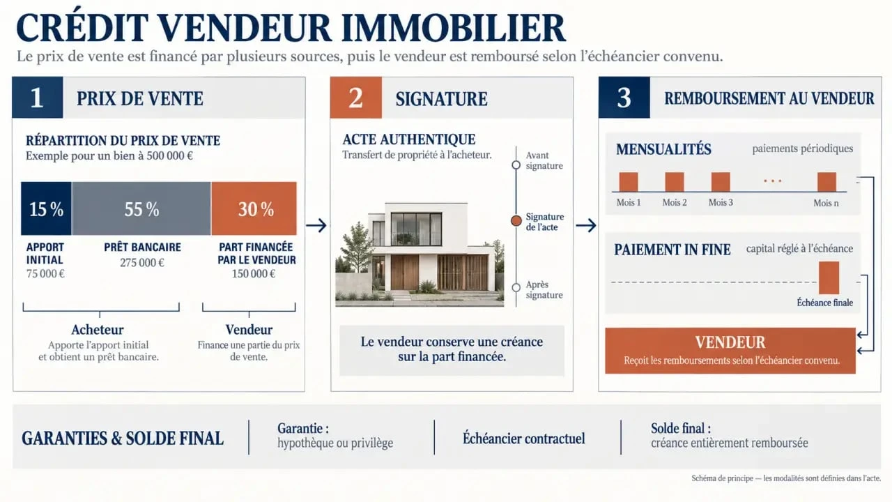Schéma du fonctionnement d’un crédit vendeur immobilier avec apport, prêt bancaire, mensualités et garanties