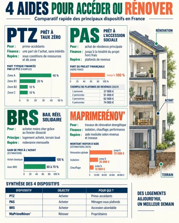 Tableau comparatif des aides au logement : PTZ, PAS, BRS et MaPrimeRenov pour votre projet immobilier