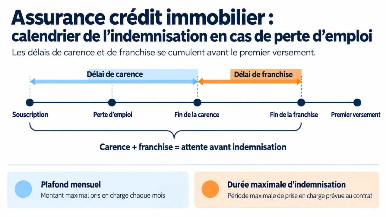 Infographie sur l’assurance credit immobilier perte emploi : carence, franchise, plafond et durée d’indemnisation