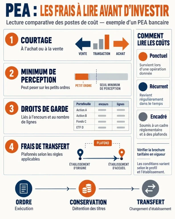 Infographie sur les frais du PEA Caisse d'Épargne : courtage, droits de garde et transfert