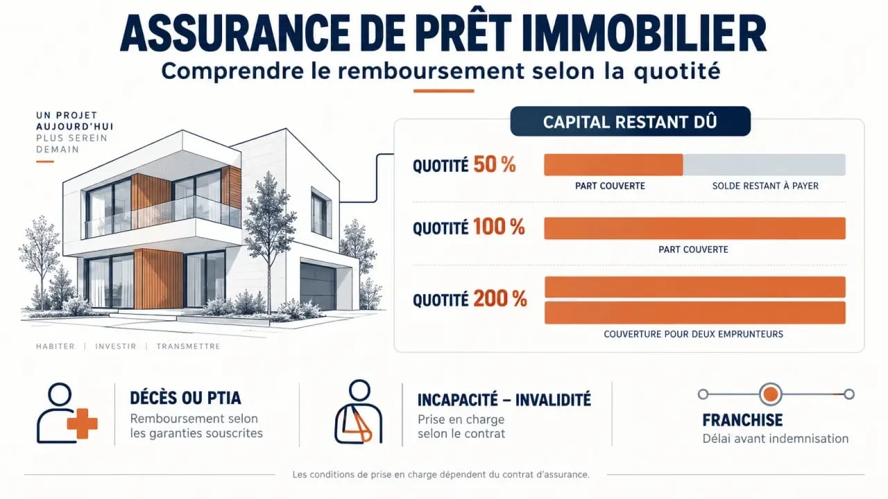 Infographie sur le remboursement assurance prêt immobilier, la quotité et la part du capital restant dû couverte