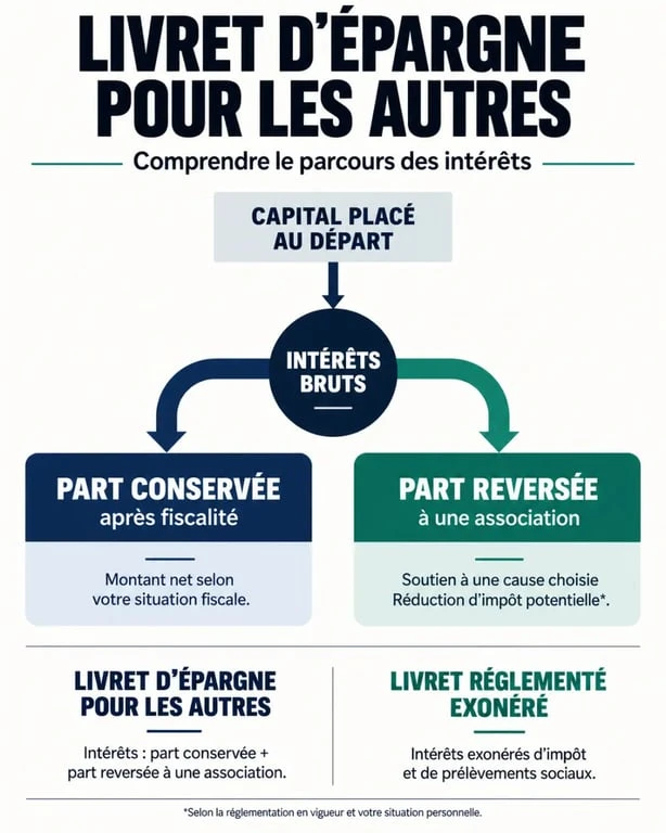 Infographie du fonctionnement et de l'avis sur le Livret LEA, entre intérêts conservés et don associatif