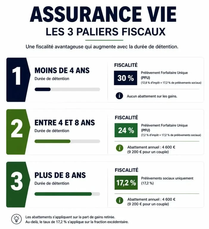 Infographie des paliers fiscaux pour un rachat d'assurance vie achat résidence principale