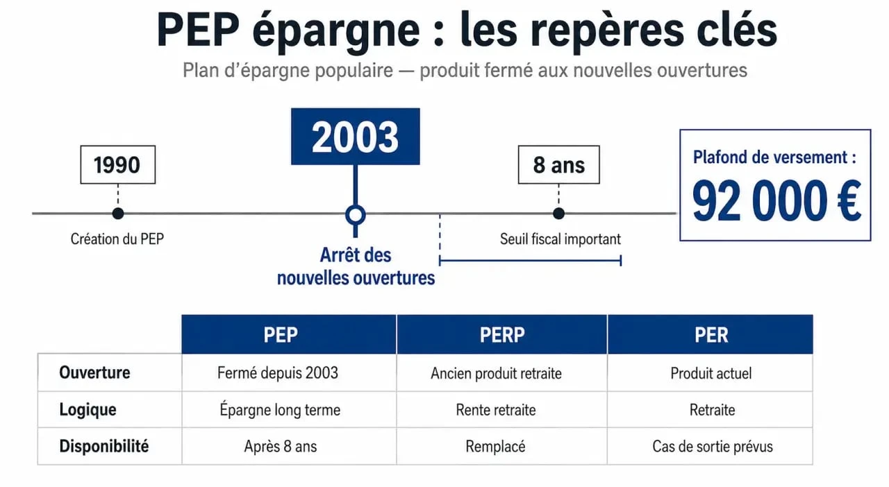 PEP épargne : frise chronologique des règles clés, plafond 92 000 € et comparaison avec PERP et PER