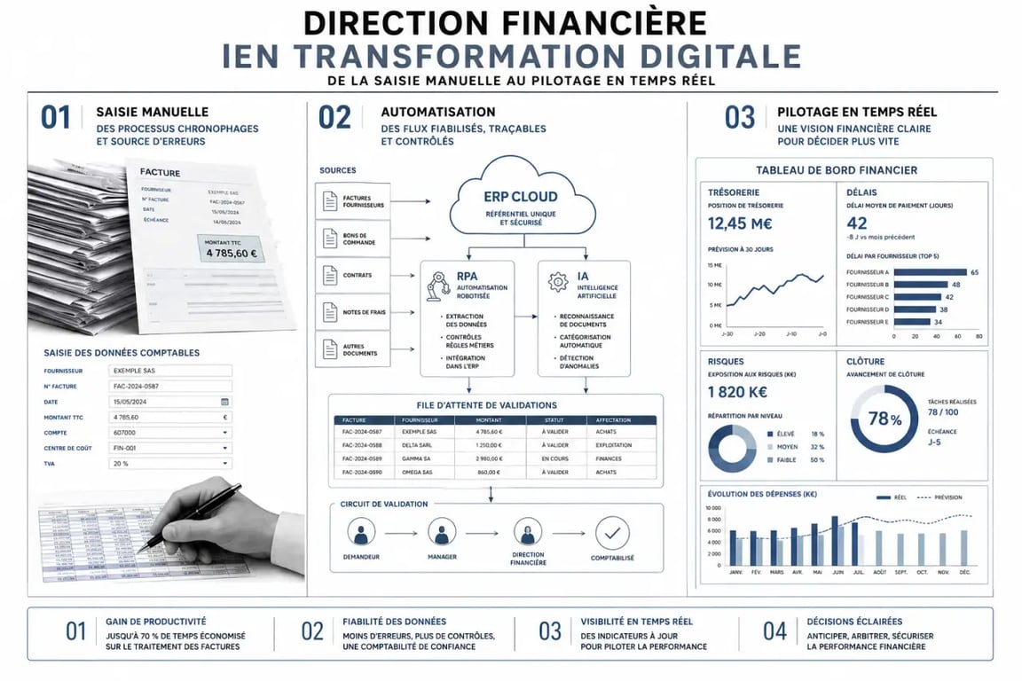Optimiser la gestion financière des entreprises grâce aux nouvelles technologies : schéma des outils ERP, RPA, IA et BI