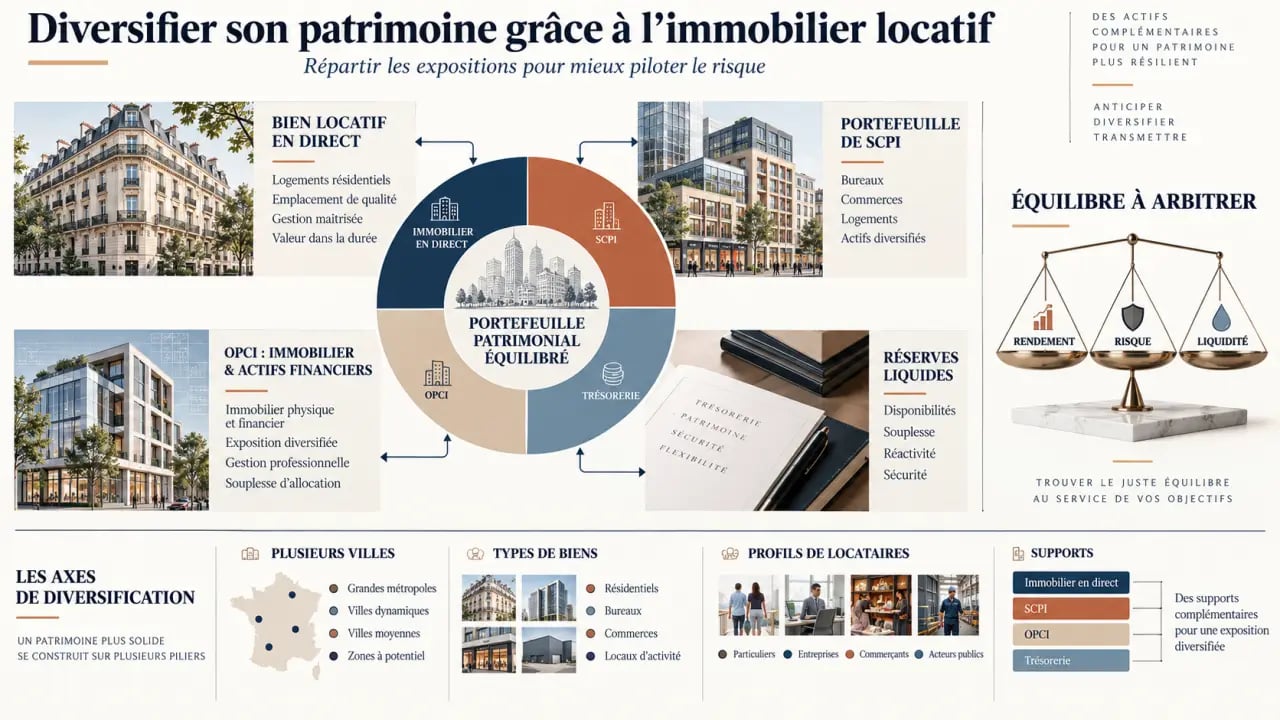 Comment diversifier son patrimoine financier grâce à l'immobilier locatif avec un portefeuille réparti entre bien direct, SCPI, OPCI et liquidités