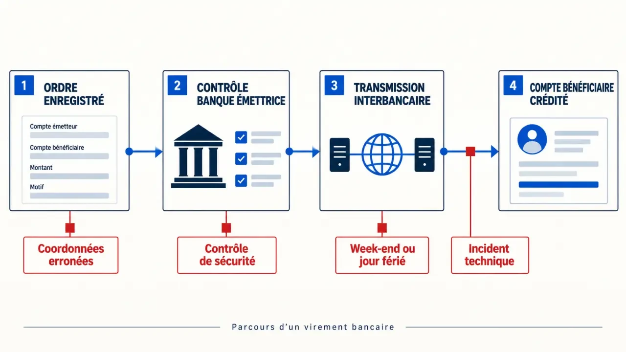 Schéma explicatif d’un problème de virement bancaire entre la banque émettrice et le compte bénéficiaire
