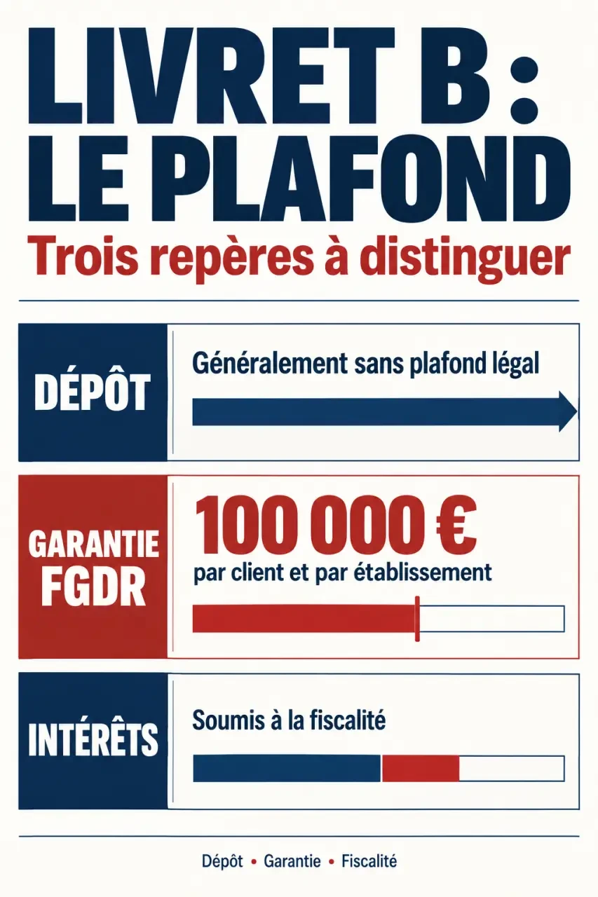 Infographie sur le plafond du Livret B, la garantie FGDR de 100 000 euros et la fiscalité des intérêts