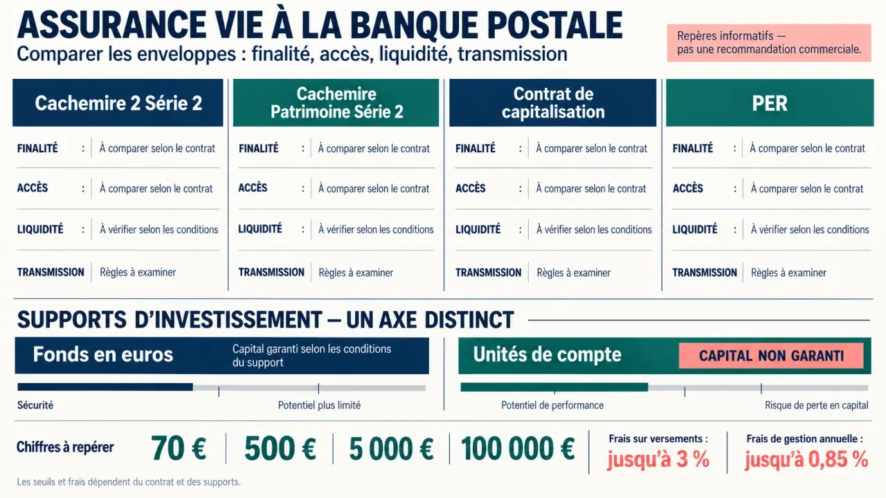 Infographie comparative sur l’assurance vie à La Banque Postale, les contrats Cachemire, les frais et les supports